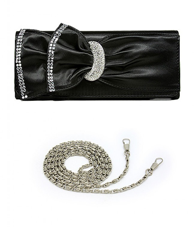 Evening Bag - Ruffled Satin w/ Rhinestone Buckle - Black &ndash; BG-618SBK